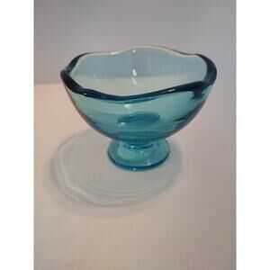 Blue Teal Glass Pedestal Candy Dish. Bowl. Planter. Vase.